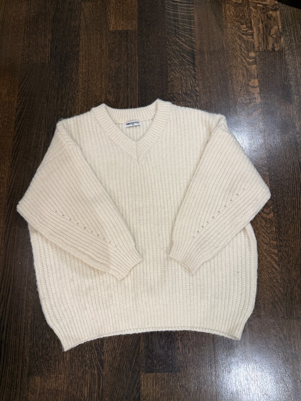 Princess Polly Cozy Oversized Cream Ribbed V-Neck Sweater